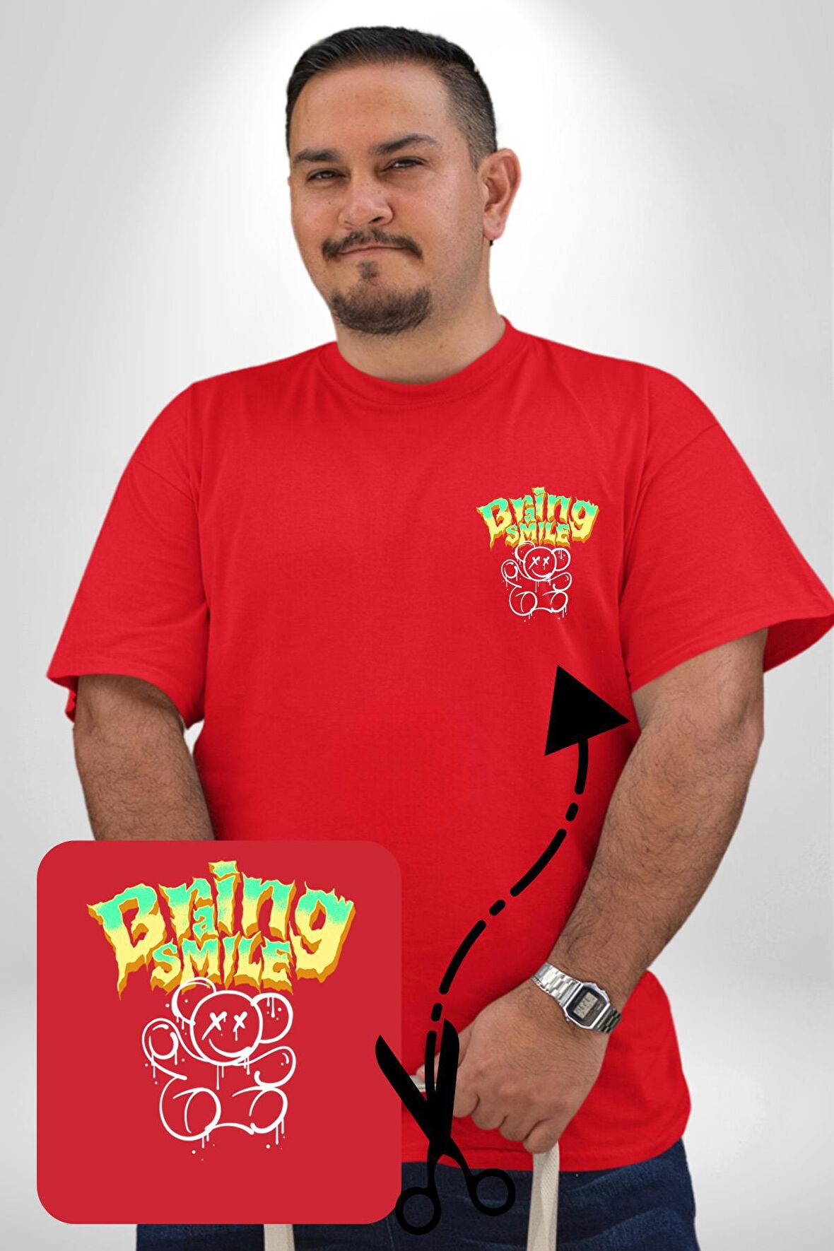 Beyin Gülüşü Kırmızı Büyük Beden Kadın Basic Minimal Baskılı Tişört