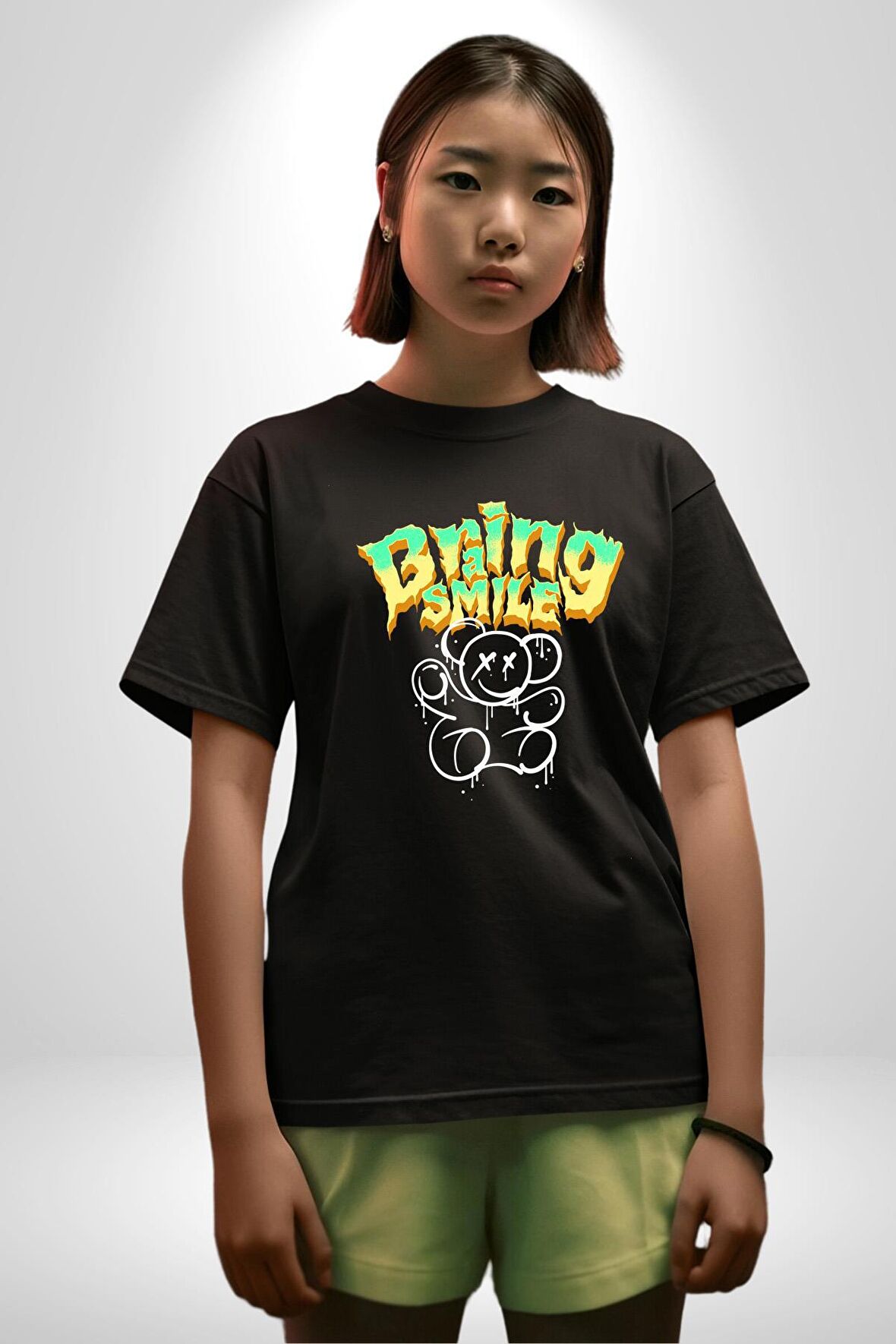 Beyin Gülüşü Pamuklu Bisiklet Yaka Kadın Erkek Oversize Boyfriend Dijital Baskılı Siyah T-shirt