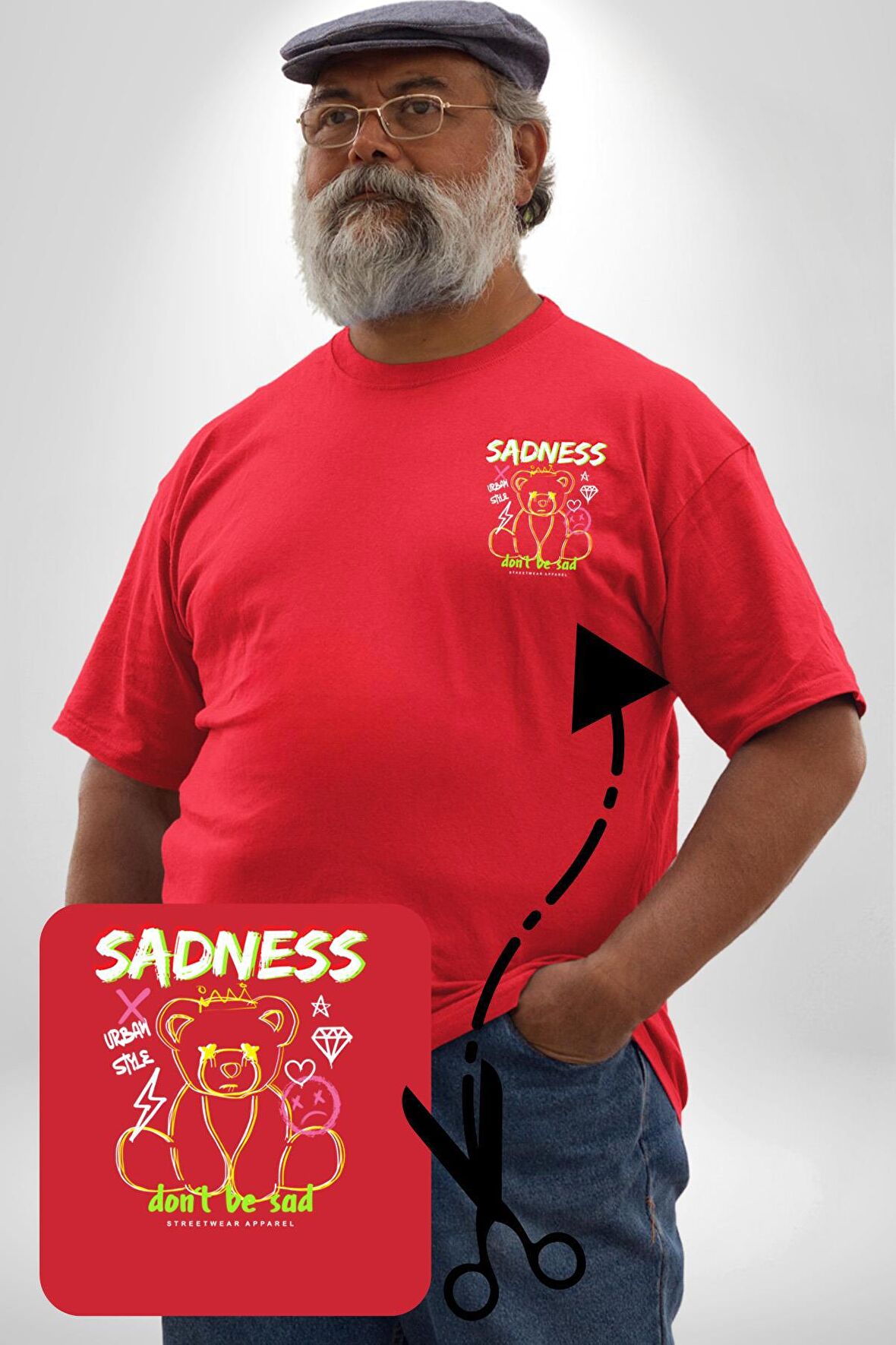 Üzüntü üzülme Kırmızı Büyük Beden Kadın Basic Minimal Baskılı Tişört