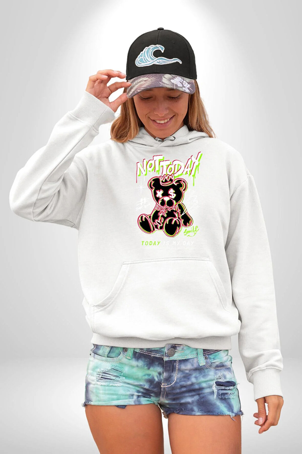 Bugün Değil Kadın Erkek  Beyaz Kapüşonlu Sweatshirt Hoodie
