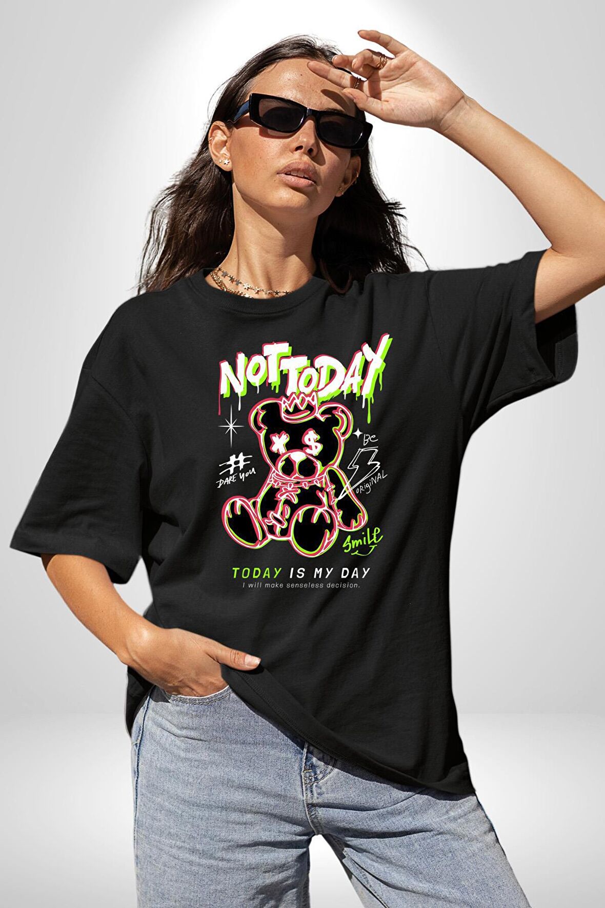 Bugün Değil Pamuklu Bisiklet Yaka Kadın Erkek Oversize Boyfriend Dijital Baskılı Siyah T-shirt
