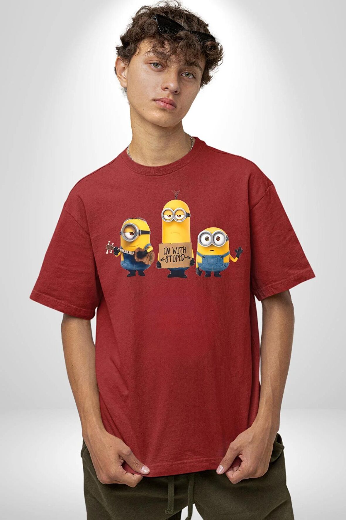 Minion Pamuklu Bisiklet Yaka Kadın Erkek Oversize Boyfriend Dijital Baskılı Kırmızı T-shirt