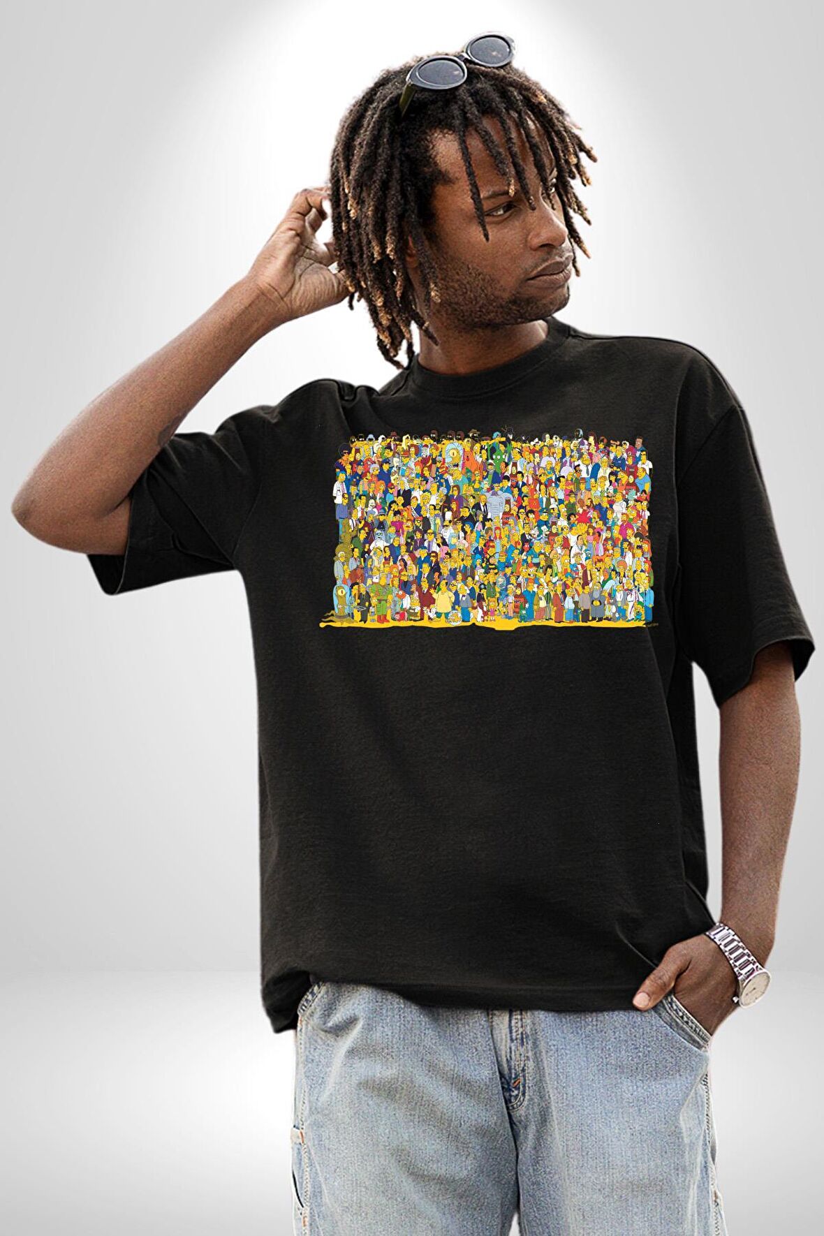 The Simpsons Karakterleri Pamuklu Bisiklet Yaka Kadın Erkek Oversize Boyfriend Dijital Baskılı Siyah T-shirt