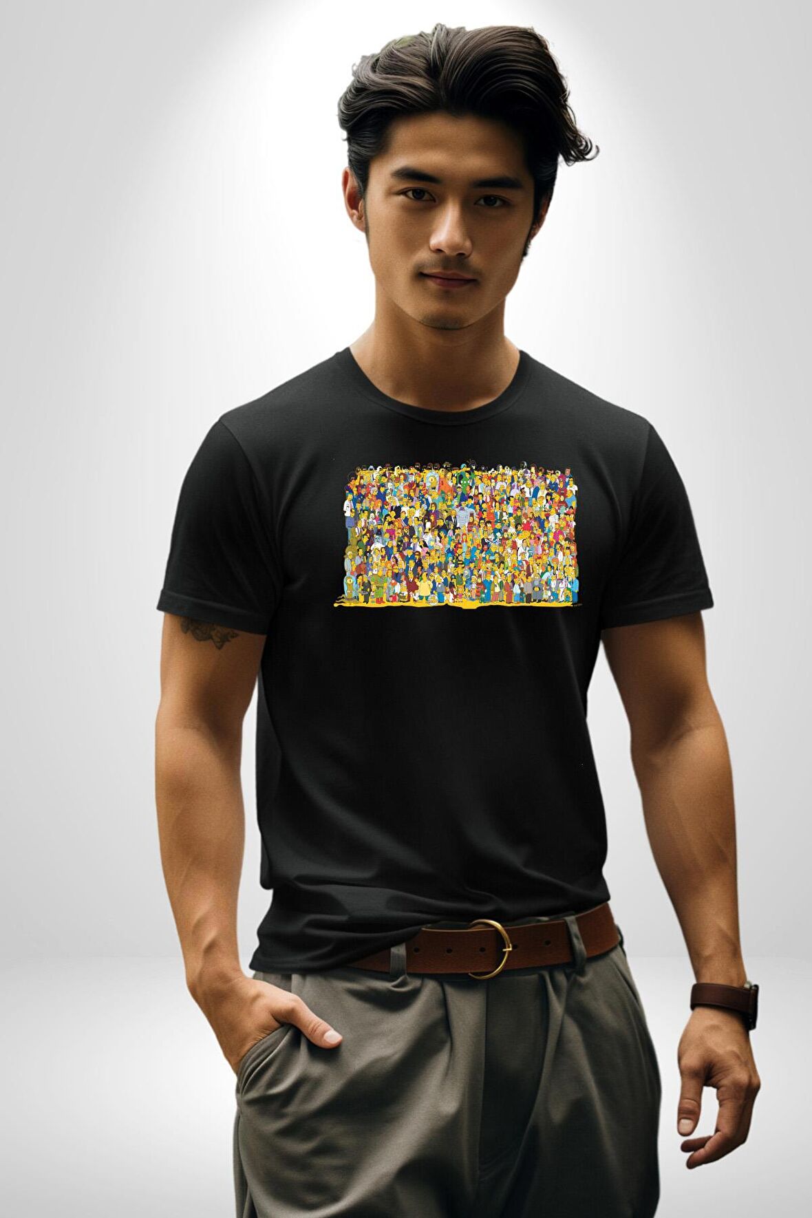 The Simpsons Karakterleri Kadın Erkek Unisex Siyah Organik Baskılı T-Shirt Penye Yüksek Kalite