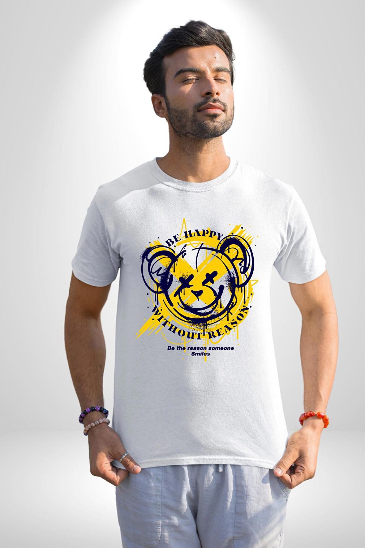 Sebep Olmadan Mutlu OL Kadın Erkek Unisex Beyaz Organik Baskılı T-Shirt Penye Yüksek Kalite