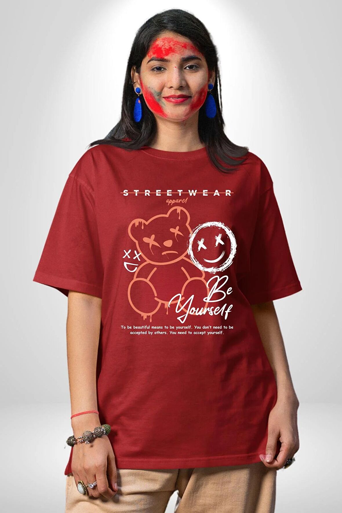 Yükseliş  İçin Kendin Ol Pamuklu Bisiklet Yaka Kadın Erkek Oversize Boyfriend Dijital Baskılı Kırmızı T-shirt