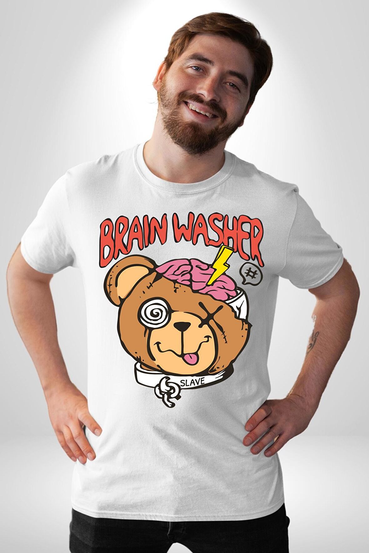 Beyin Yıkama Kadın Erkek Unisex Beyaz Organik Baskılı T-Shirt Penye Yüksek Kalite