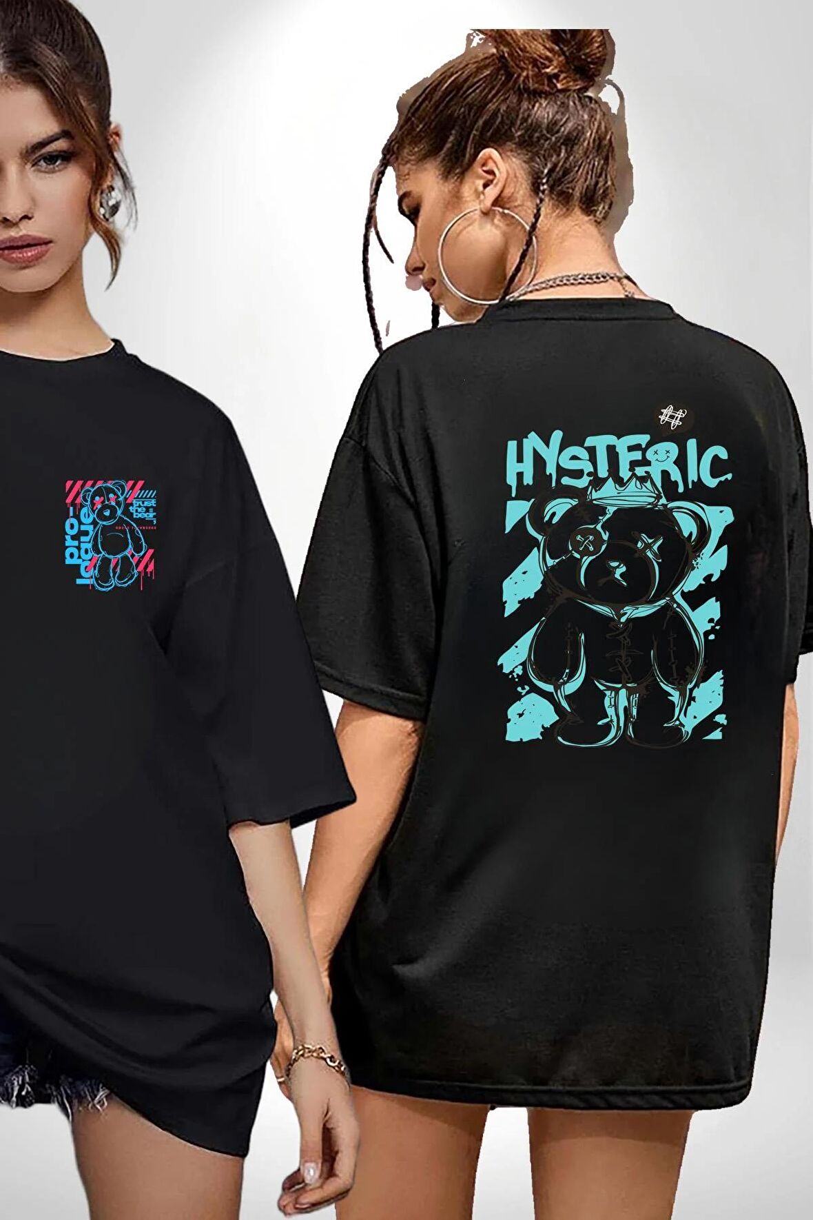 Histerik Siyah Oversize Kadın Erkek Ön ve Sırt Baskılı Tişört