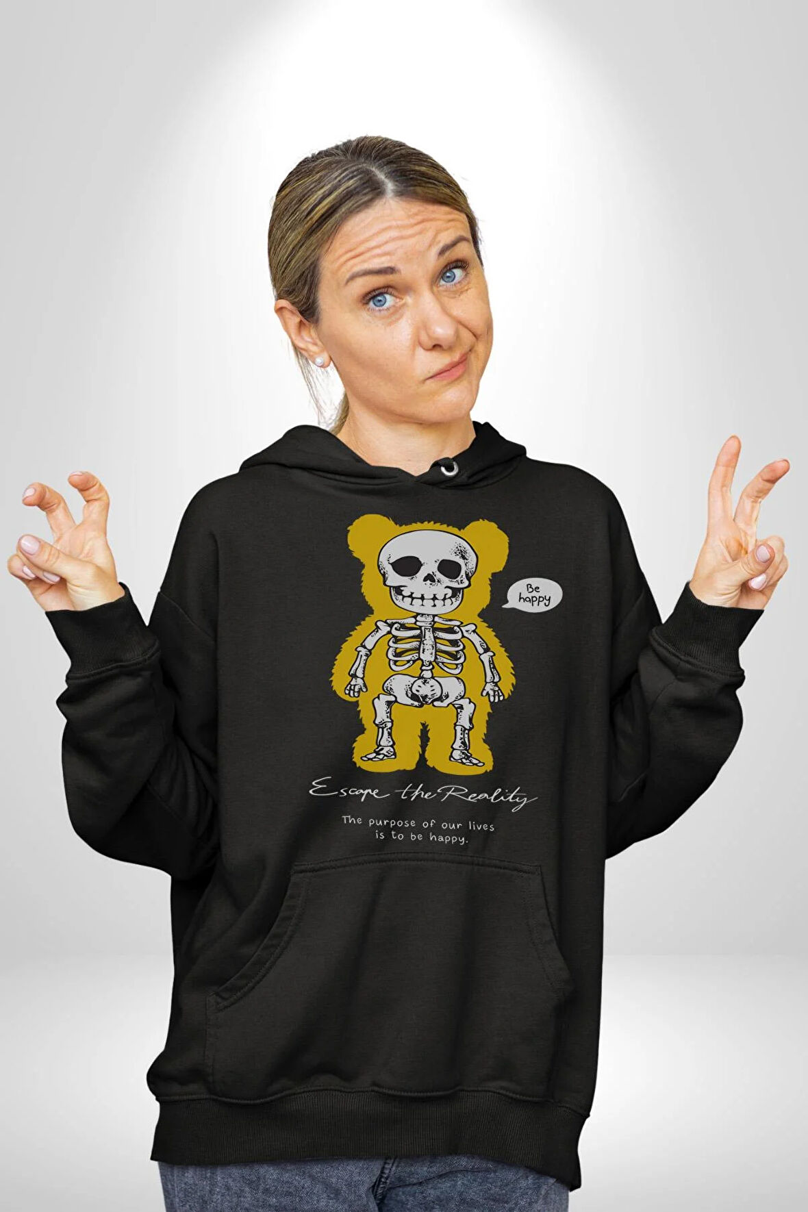 Mutlu Ol Kadın Erkek  Siyah Kapüşonlu Sweatshirt Hoodie