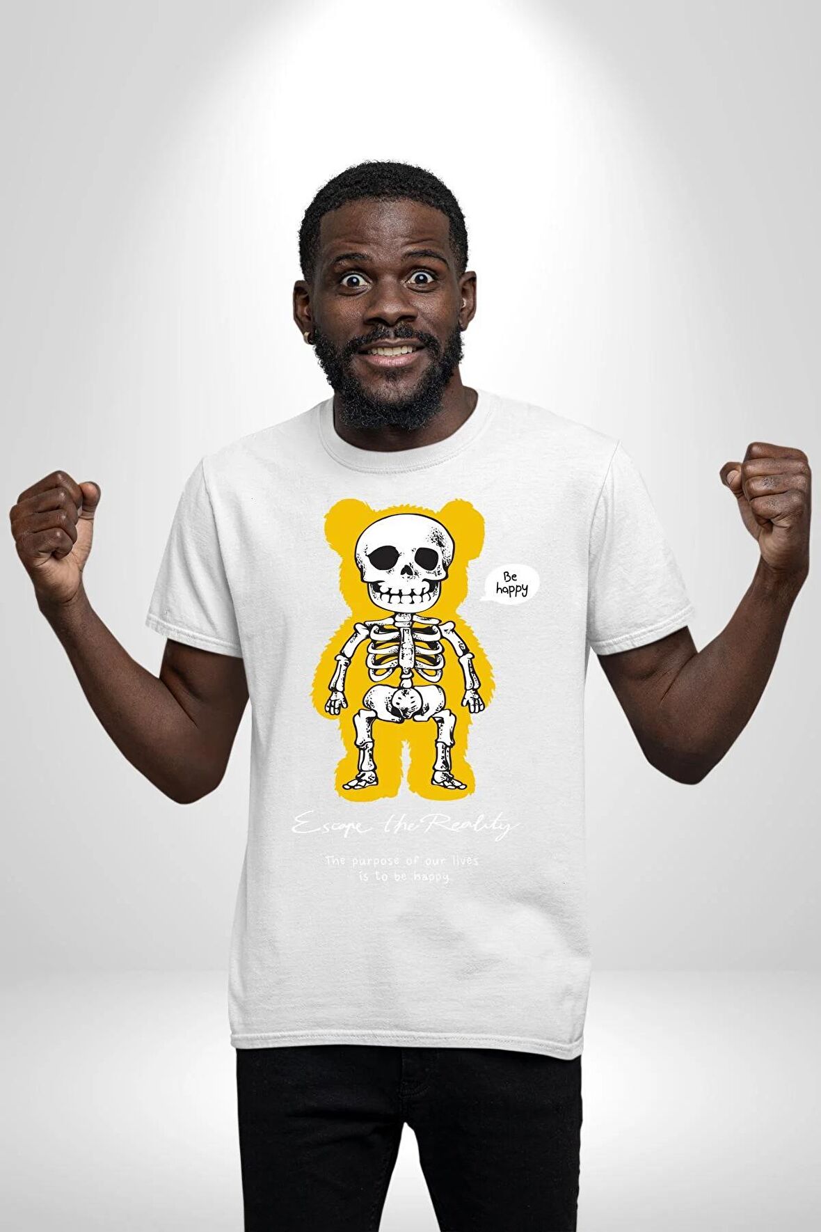Mutlu Ol Kadın Erkek Unisex Beyaz Organik Baskılı T-Shirt Penye Yüksek Kalite