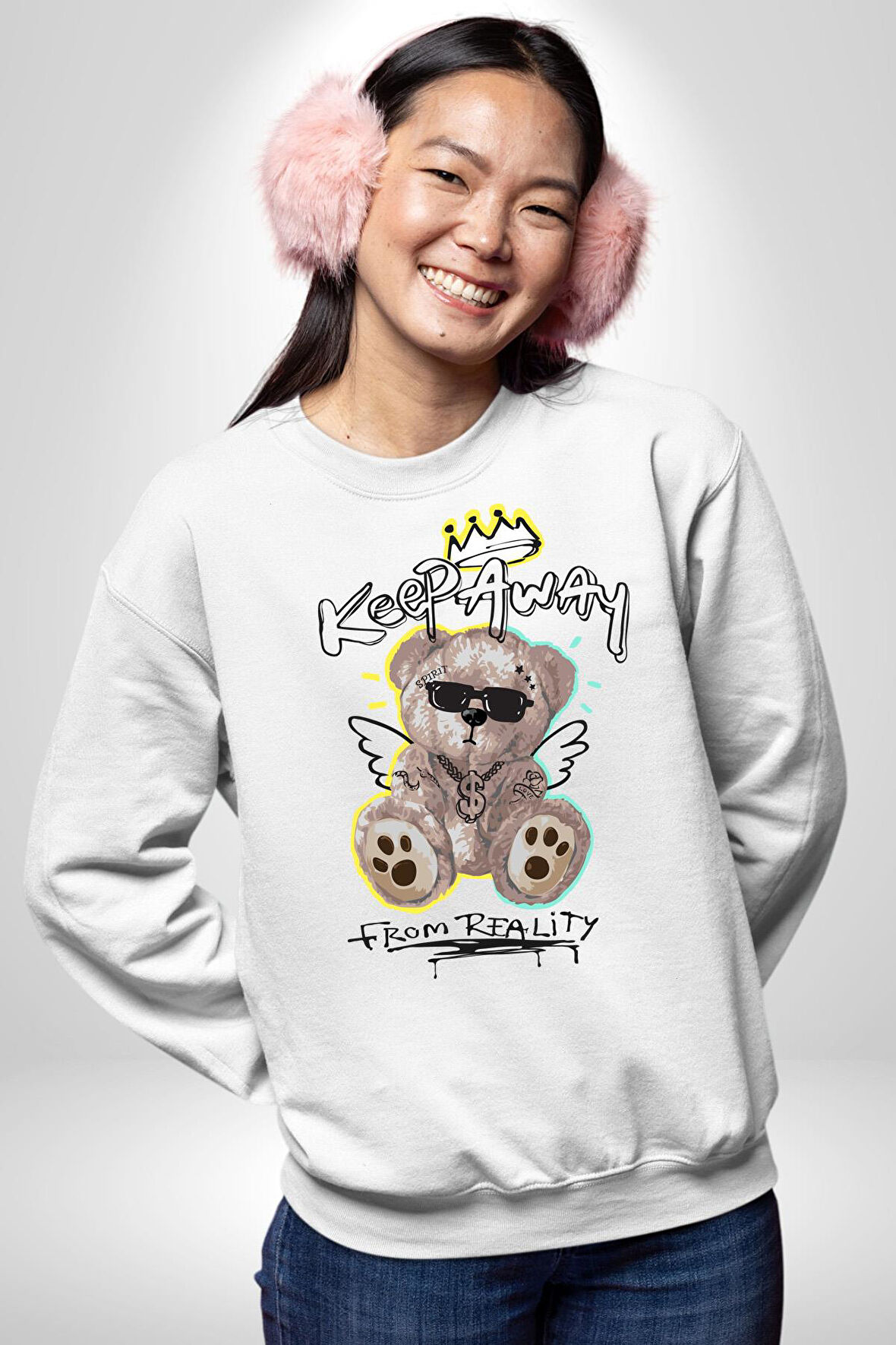 Gerçeklikten Uzak Tutun Kadın Erkek Beyaz Sweatshirt 