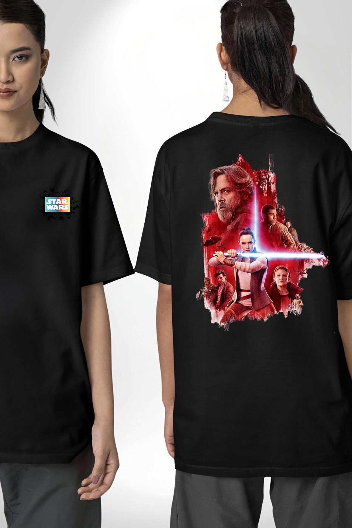 Star Wars Son Jedi Siyah Oversize Kadın Erkek Ön ve Sırt Baskılı Tişört