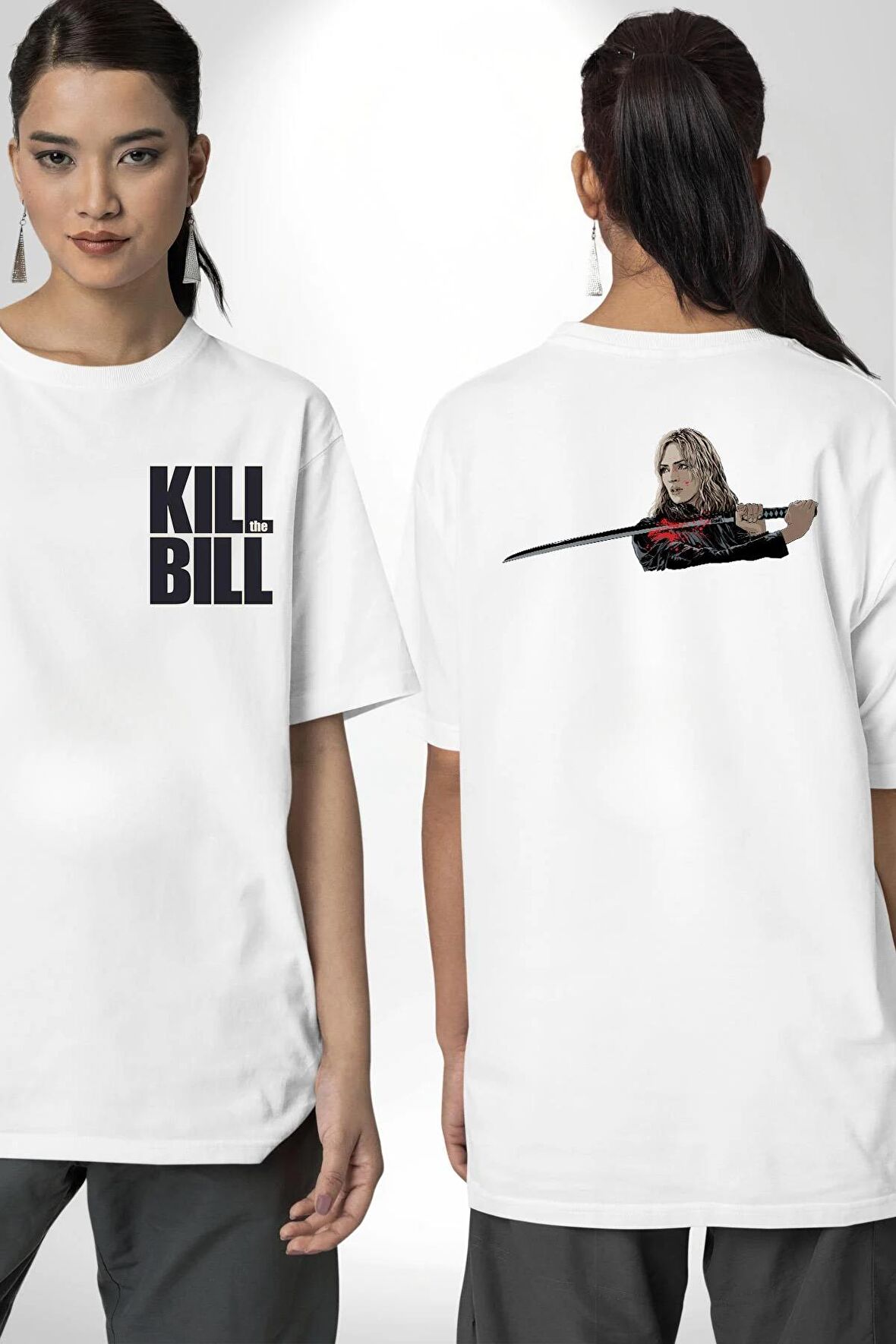 The Kill Bill Sinema Beyaz Oversize Kadın Erkek Ön ve Sırt Baskılı Tişört