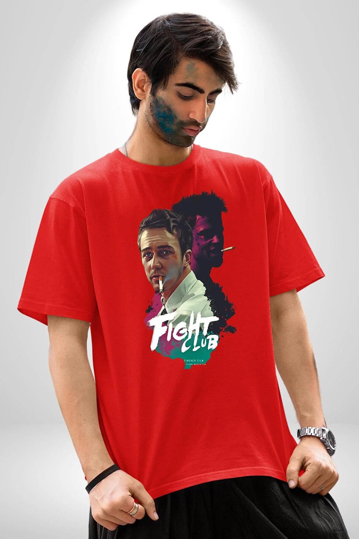 Fight Club Sinema Pamuklu Bisiklet Yaka Kadın Erkek Oversize Boyfriend Dijital Baskılı Kırmızı T-shirt
