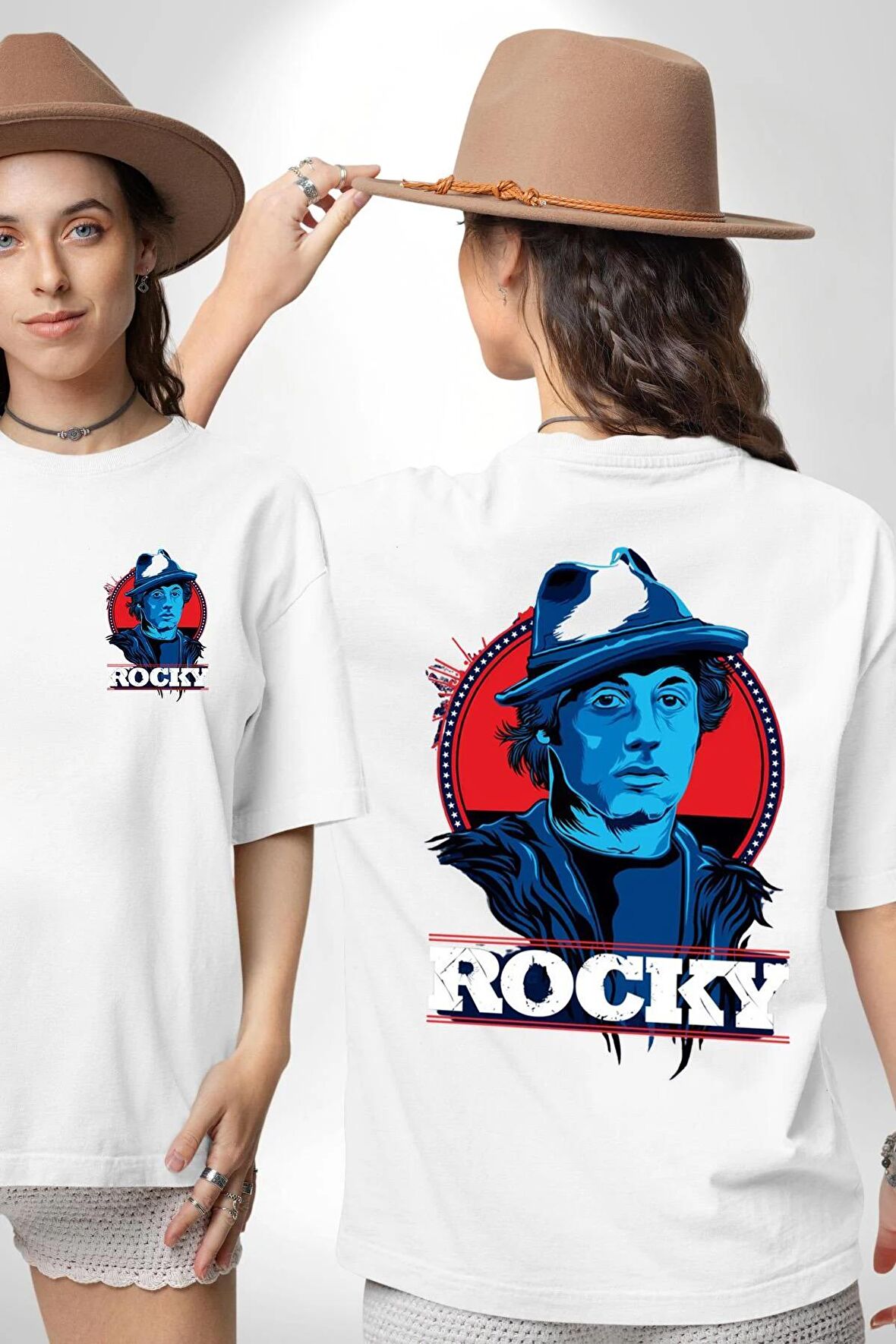 Rocky Film Sersi Beyaz Oversize Kadın Erkek Ön ve Sırt Baskılı Tişört