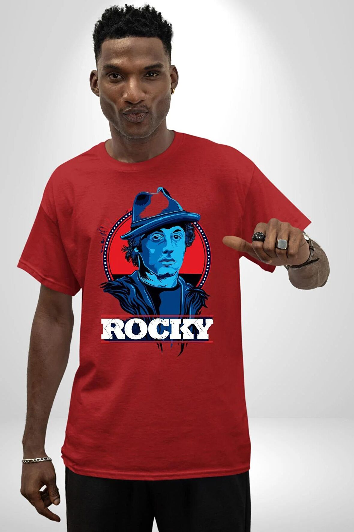 Rocky Film Sersi Pamuklu Bisiklet Yaka Kadın Erkek Oversize Boyfriend Dijital Baskılı Kırmızı T-shirt
