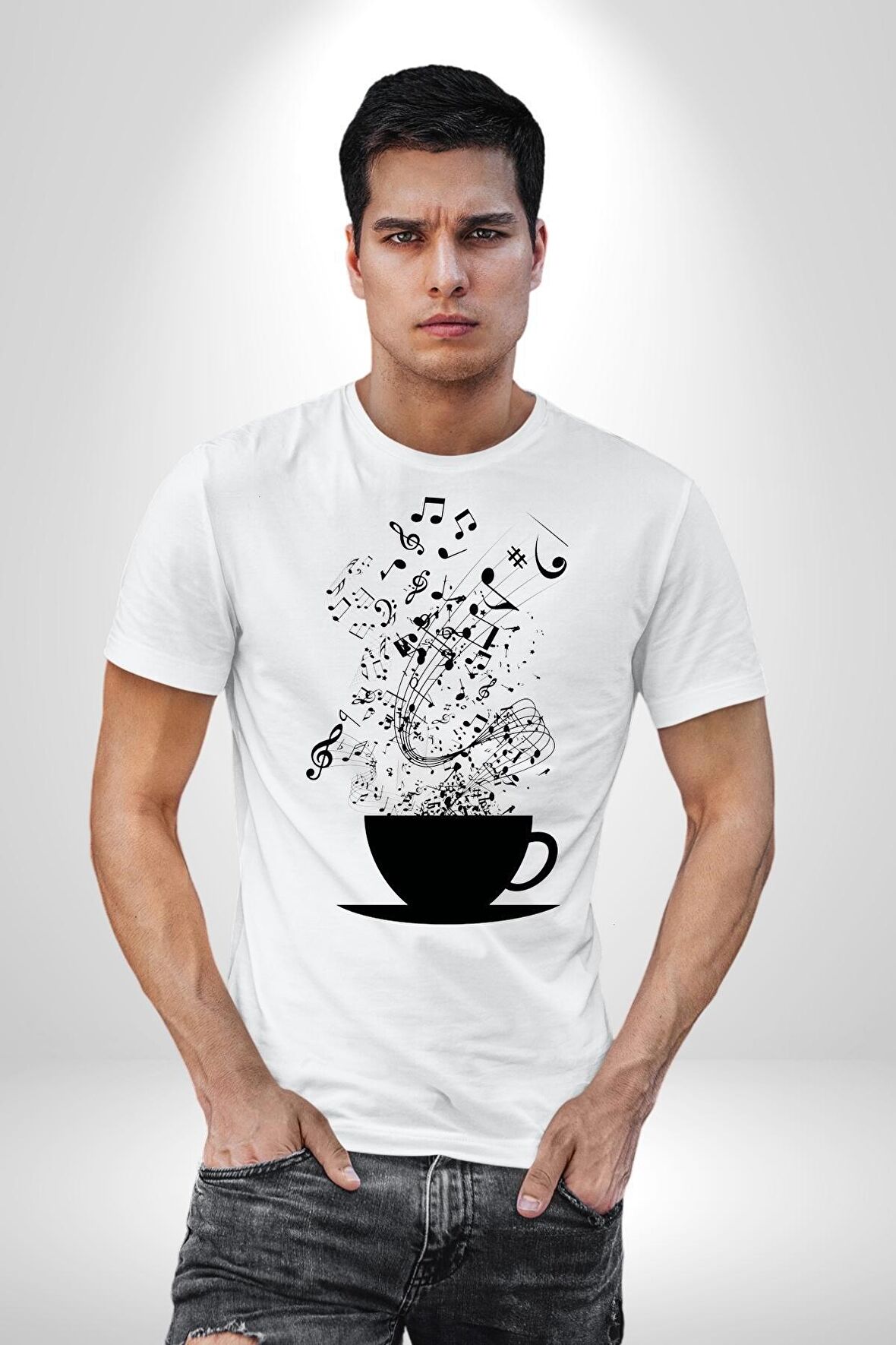Kahve Müzik Nota Kadın Erkek Unisex Beyaz Organik Baskılı T-Shirt Penye Yüksek Kalite