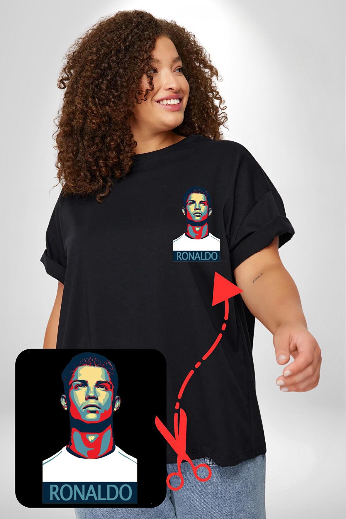 Ronaldo Siyah Büyük Beden Kadın Basic Minimal Baskılı Tişört