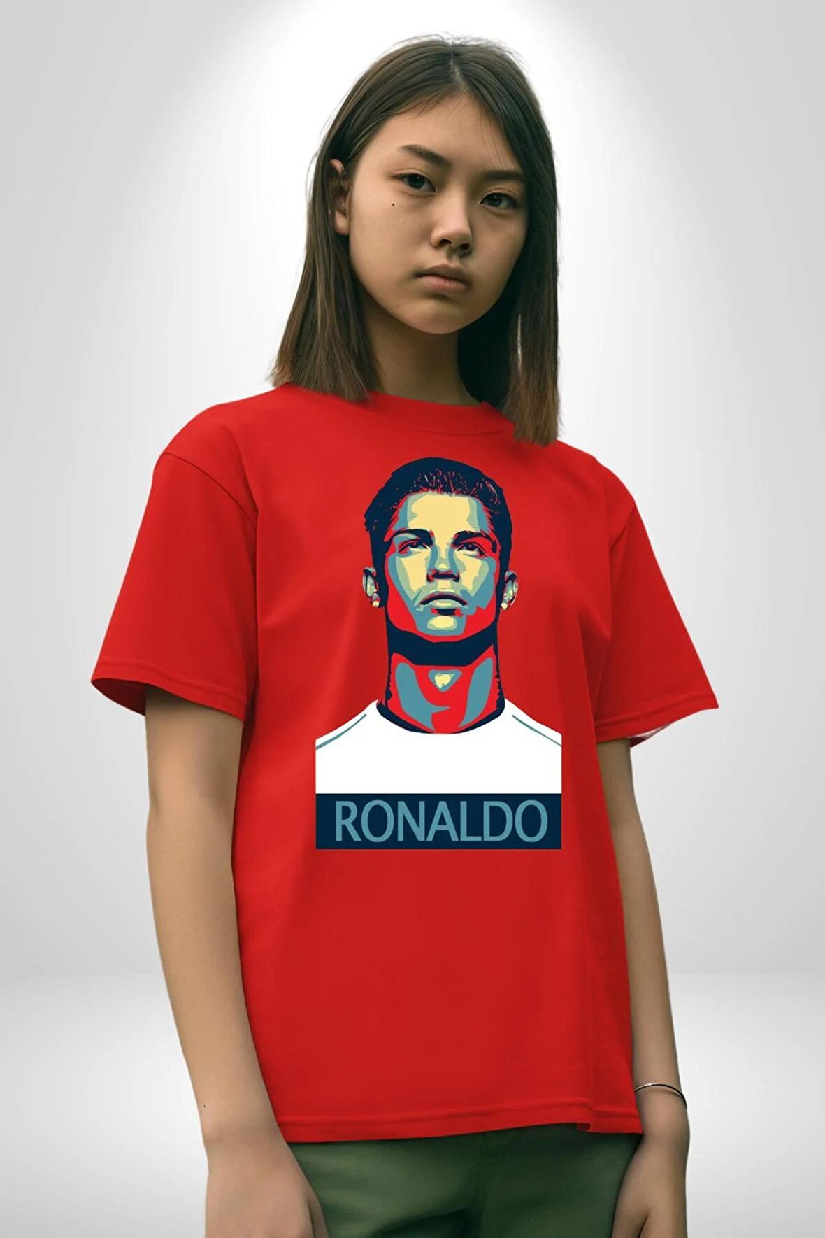 Ronaldo Pamuklu Bisiklet Yaka Kadın Erkek Oversize Boyfriend Dijital Baskılı Kırmızı T-shirt