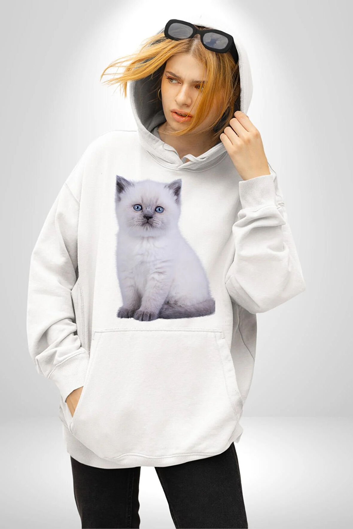Beyaz Yavru Kedi Kadın Erkek  Beyaz Kapüşonlu Sweatshirt Hoodie