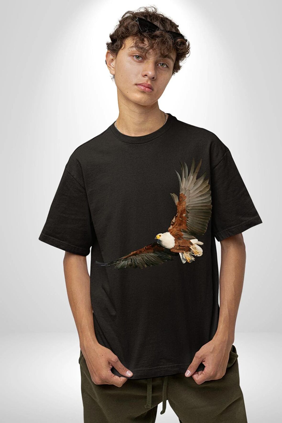 Kartal Özgürlük Pamuklu Bisiklet Yaka Kadın Erkek Oversize Boyfriend Dijital Baskılı Siyah T-shirt