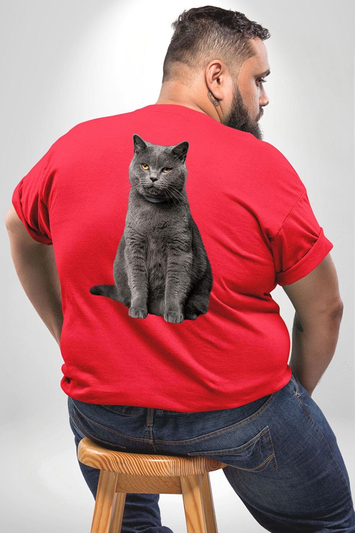 British Shorthair Kedi  Büyük Beden Kırmızı Tişört Kadın Erkek Ünisex Sırt Baskılı