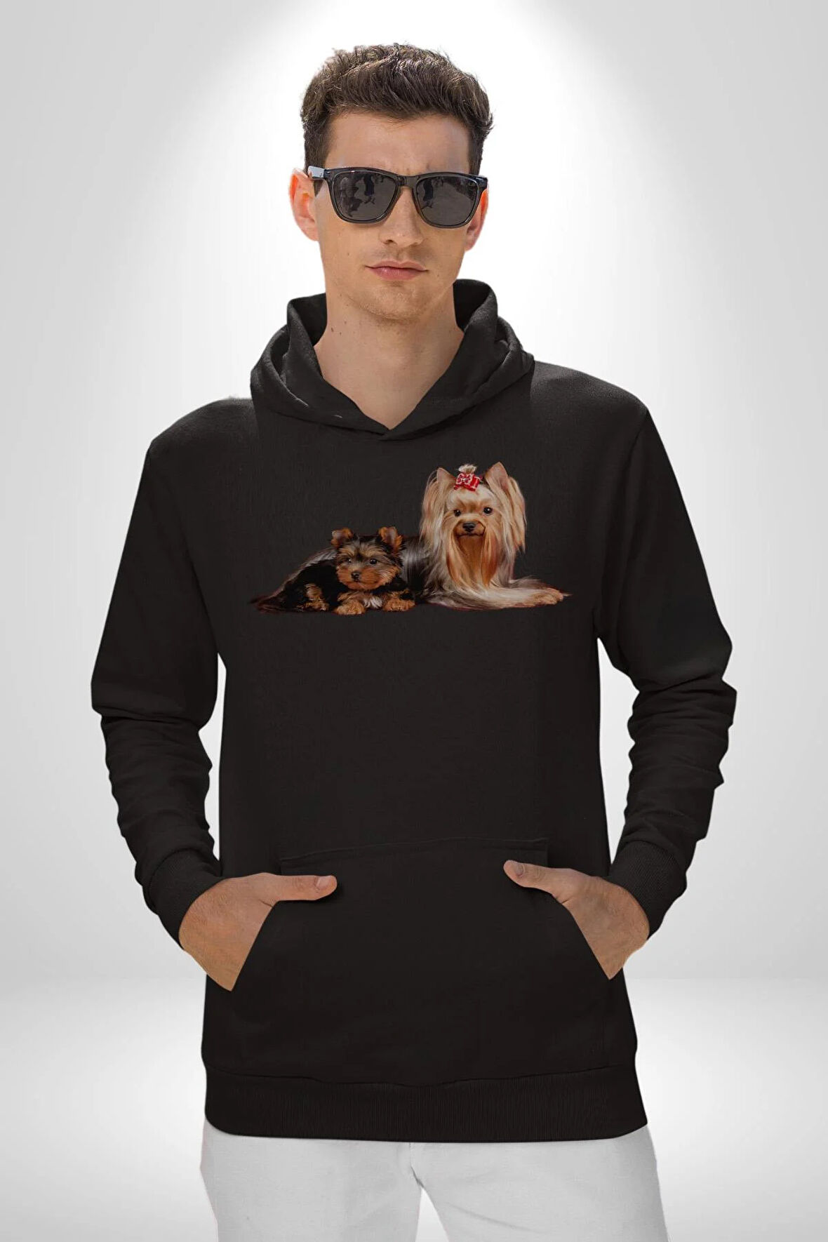 Yorkshire Teacup ve Anne Köpek Kadın Erkek  Siyah Kapüşonlu Sweatshirt Hoodie