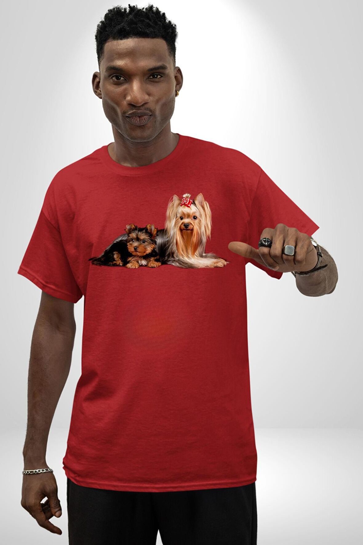 Yorkshire Teacup ve Anne Köpek Pamuklu Bisiklet Yaka Kadın Erkek Oversize Boyfriend Dijital Baskılı Kırmızı T-shirt