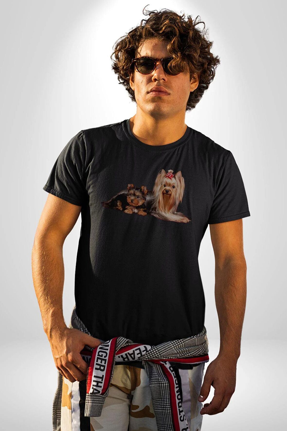 Yorkshire Teacup ve Anne Köpek Kadın Erkek Unisex Siyah Organik Baskılı T-Shirt Penye Yüksek Kalite