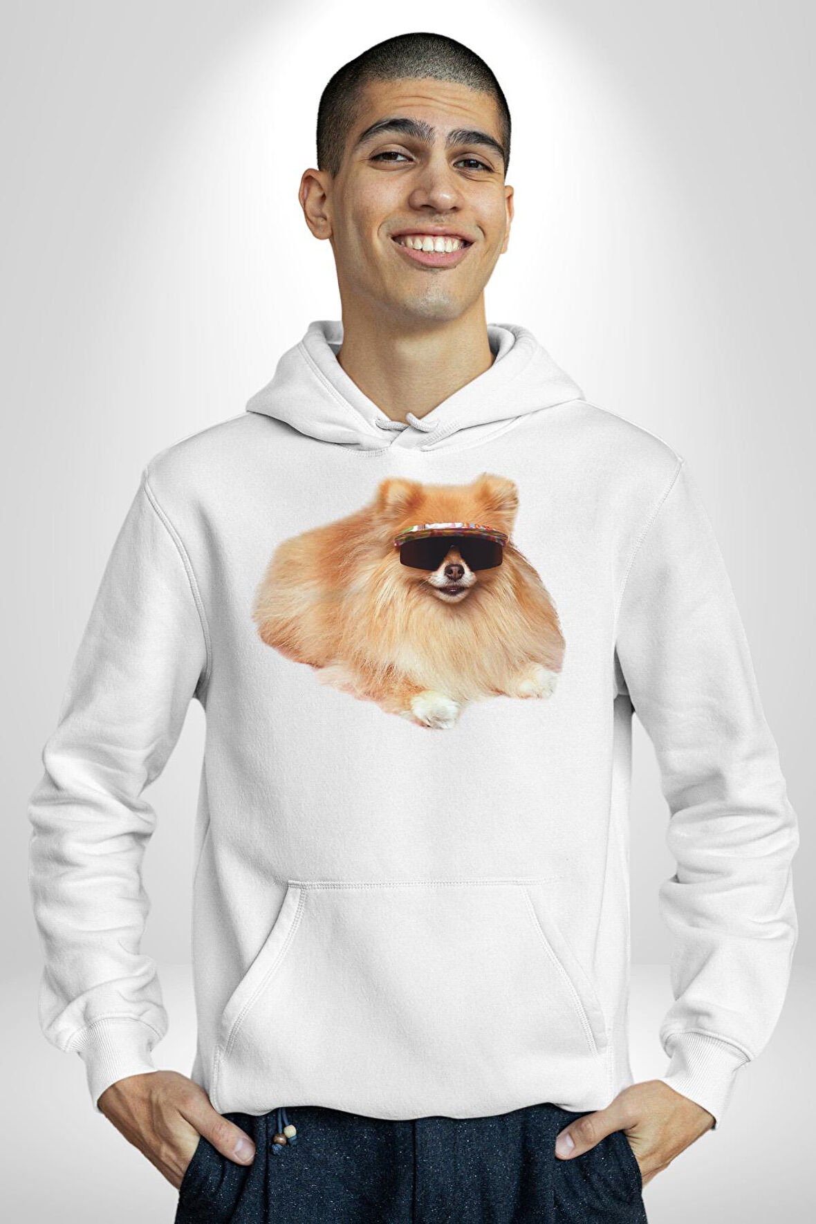 Pomernian Köpek Kadın Erkek  Beyaz Kapüşonlu Sweatshirt Hoodie