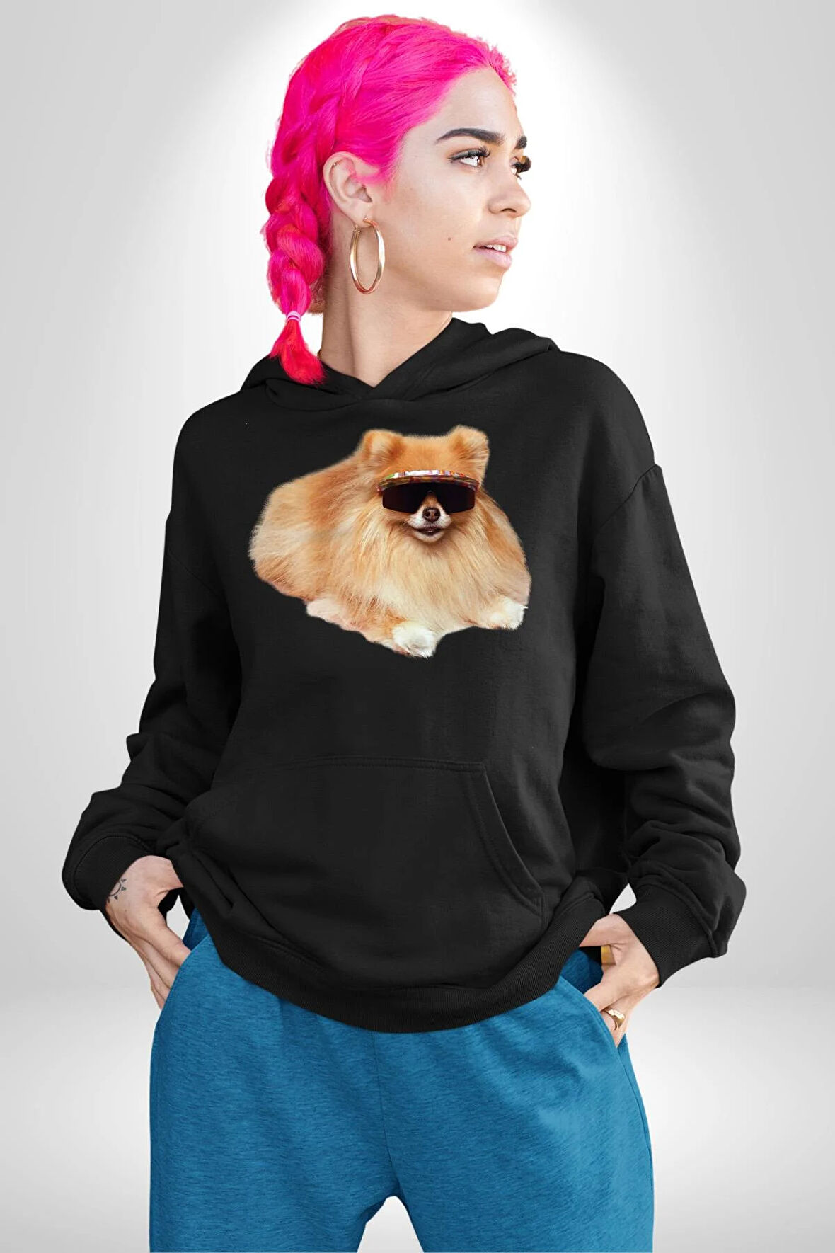 Pomernian Köpek Kadın Erkek  Siyah Kapüşonlu Sweatshirt Hoodie