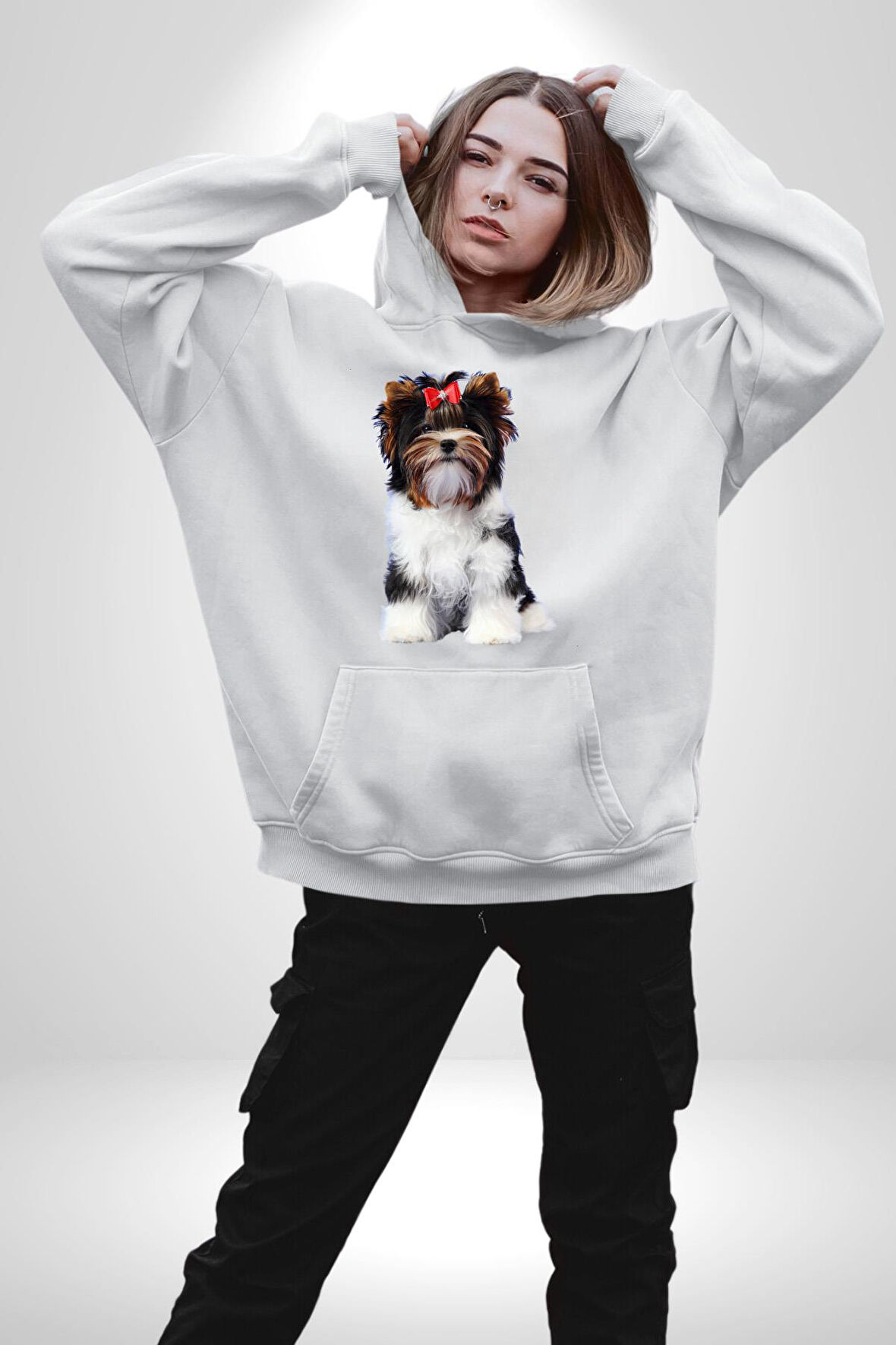 Biewer Yorshire Terrier Kadın Erkek  Beyaz Kapüşonlu Sweatshirt Hoodie