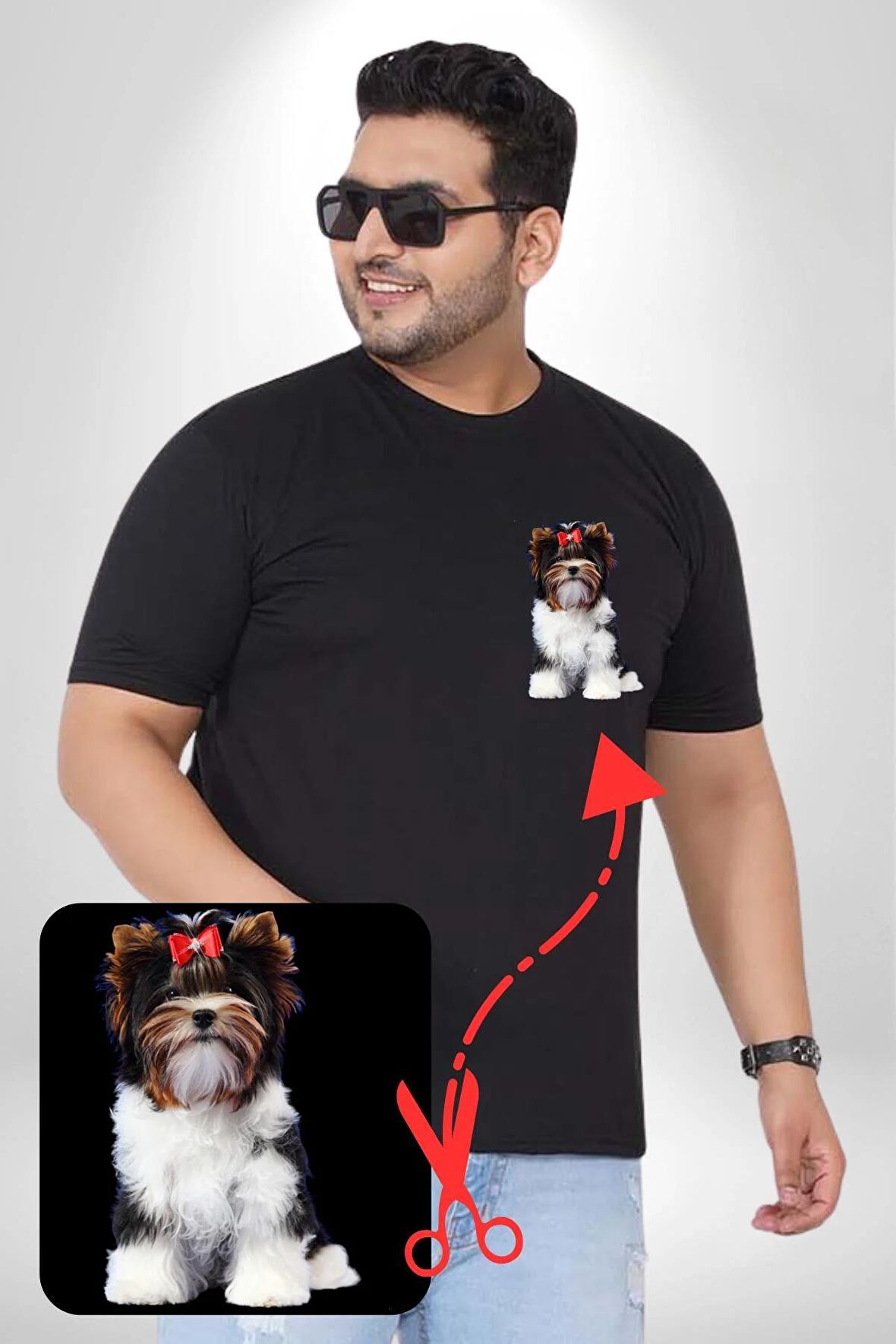 Biewer Yorshire Terrier Siyah Büyük Beden Kadın Basic Minimal Baskılı Tişört