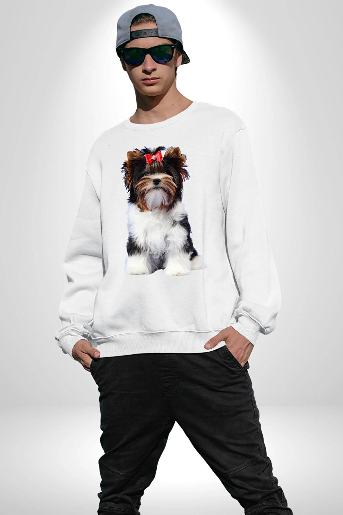 Biewer Yorshire Terrier Kadın Erkek Beyaz Sweatshirt 