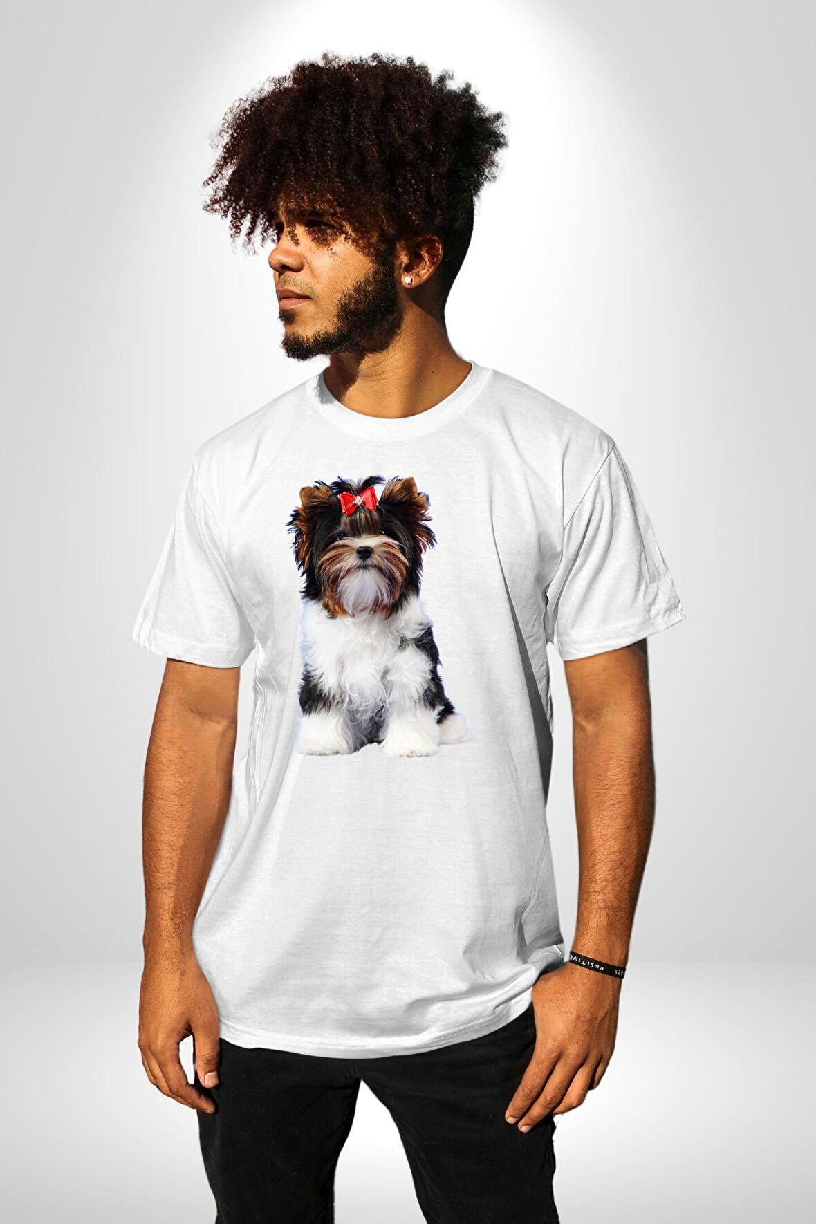 Biewer Yorshire Terrier Kadın Erkek Unisex Beyaz Organik Baskılı T-Shirt Penye Yüksek Kalite