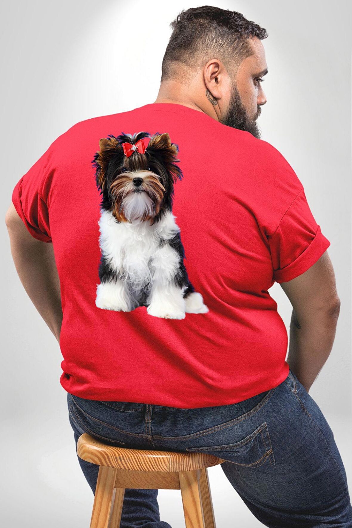 Biewer Yorshire Terrier Büyük Beden Kırmızı Tişört Kadın Erkek Ünisex Sırt Baskılı