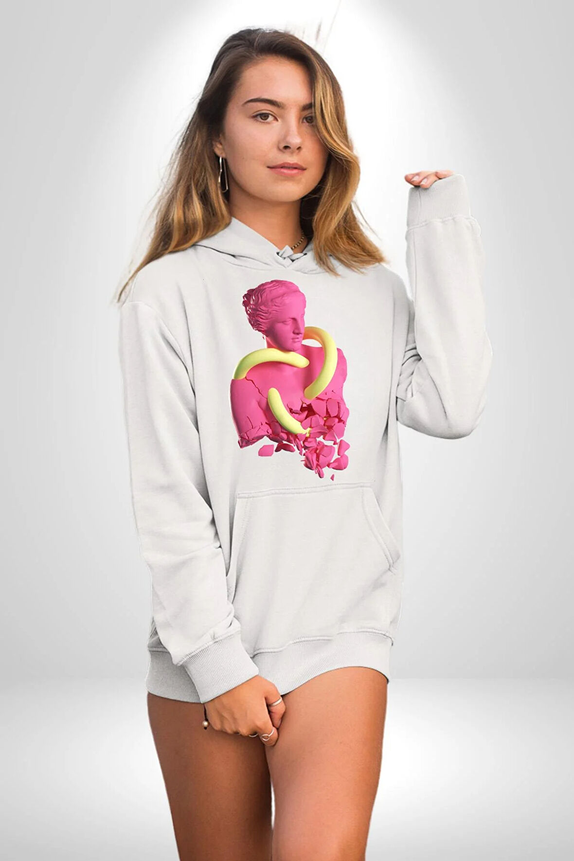 Pop Art Yaratıcı Heykel Pembe  Kadın Erkek  Beyaz Kapüşonlu Sweatshirt Hoodie