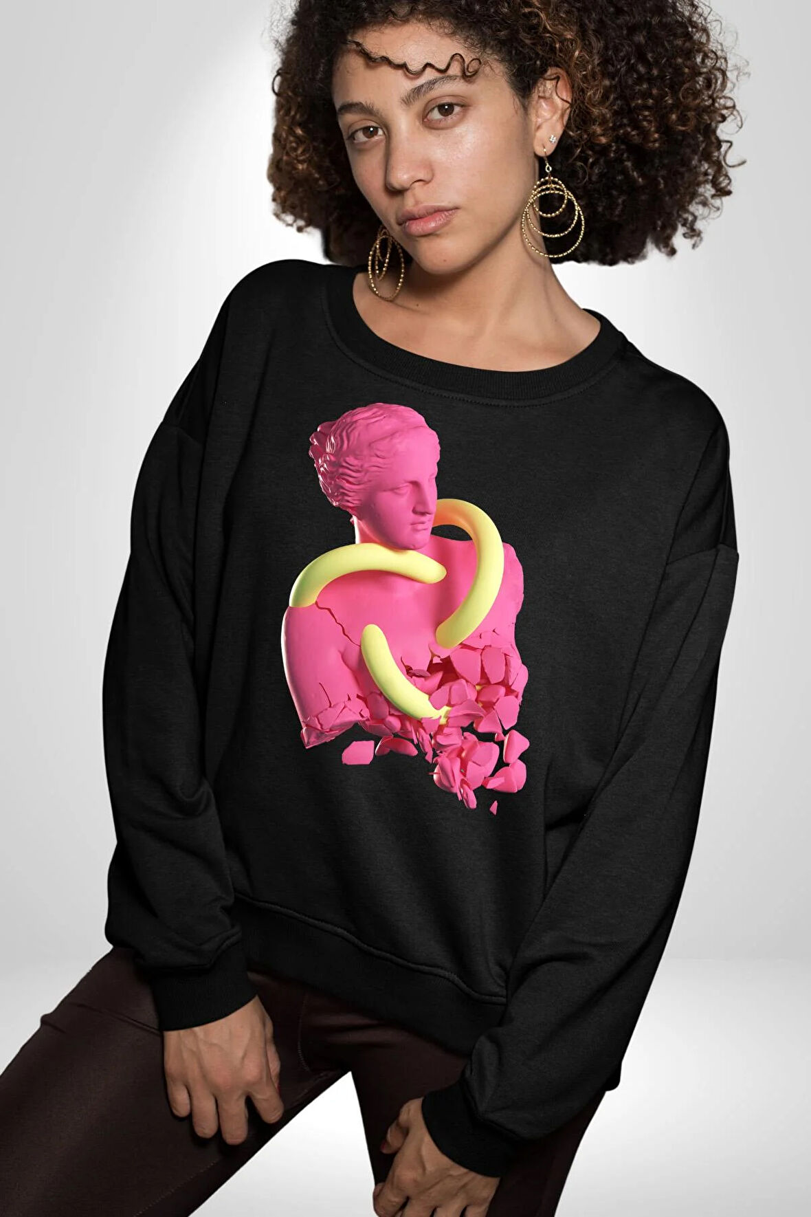 Pop Art Yaratıcı Heykel Pembe  Kadın Erkek Siyah Sweatshirt 