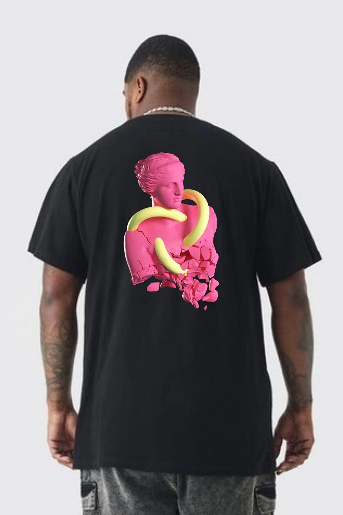 Pop Art Yaratıcı Heykel Pembe  Büyük Beden Siyah Tişört Kadın Erkek Ünisex Sırt Baskılı