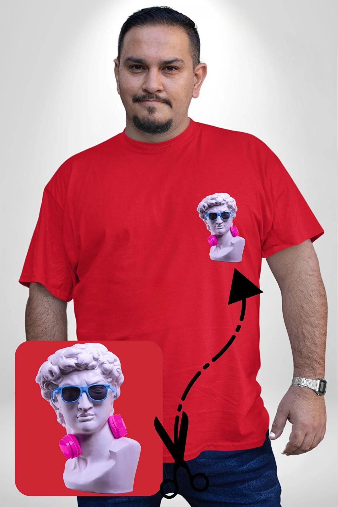 Kulaklık Gözlük Pop Art Heykel Kırmızı Büyük Beden Kadın Basic Minimal Baskılı Tişört