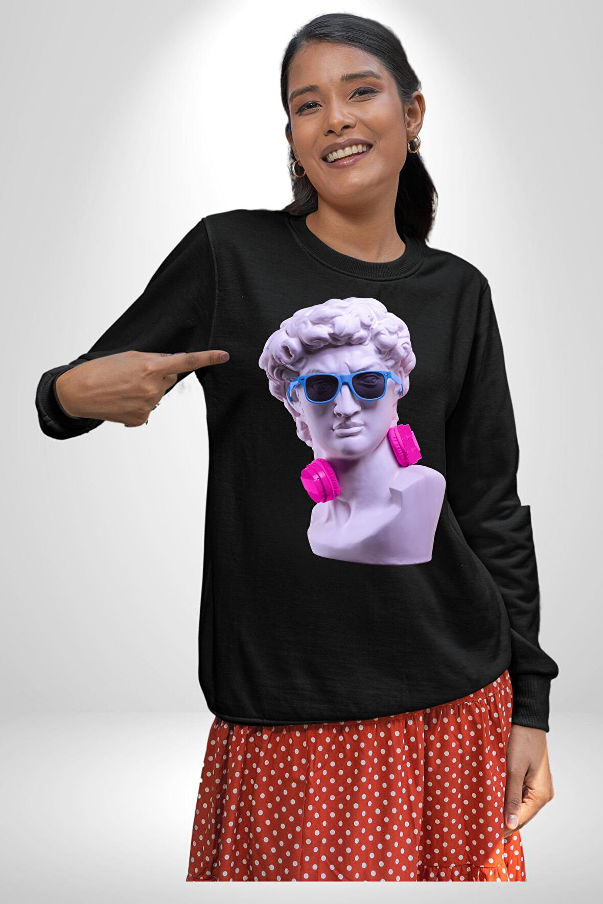 Kulaklık Gözlük Pop Art Heykel Kadın Erkek Siyah Sweatshirt 