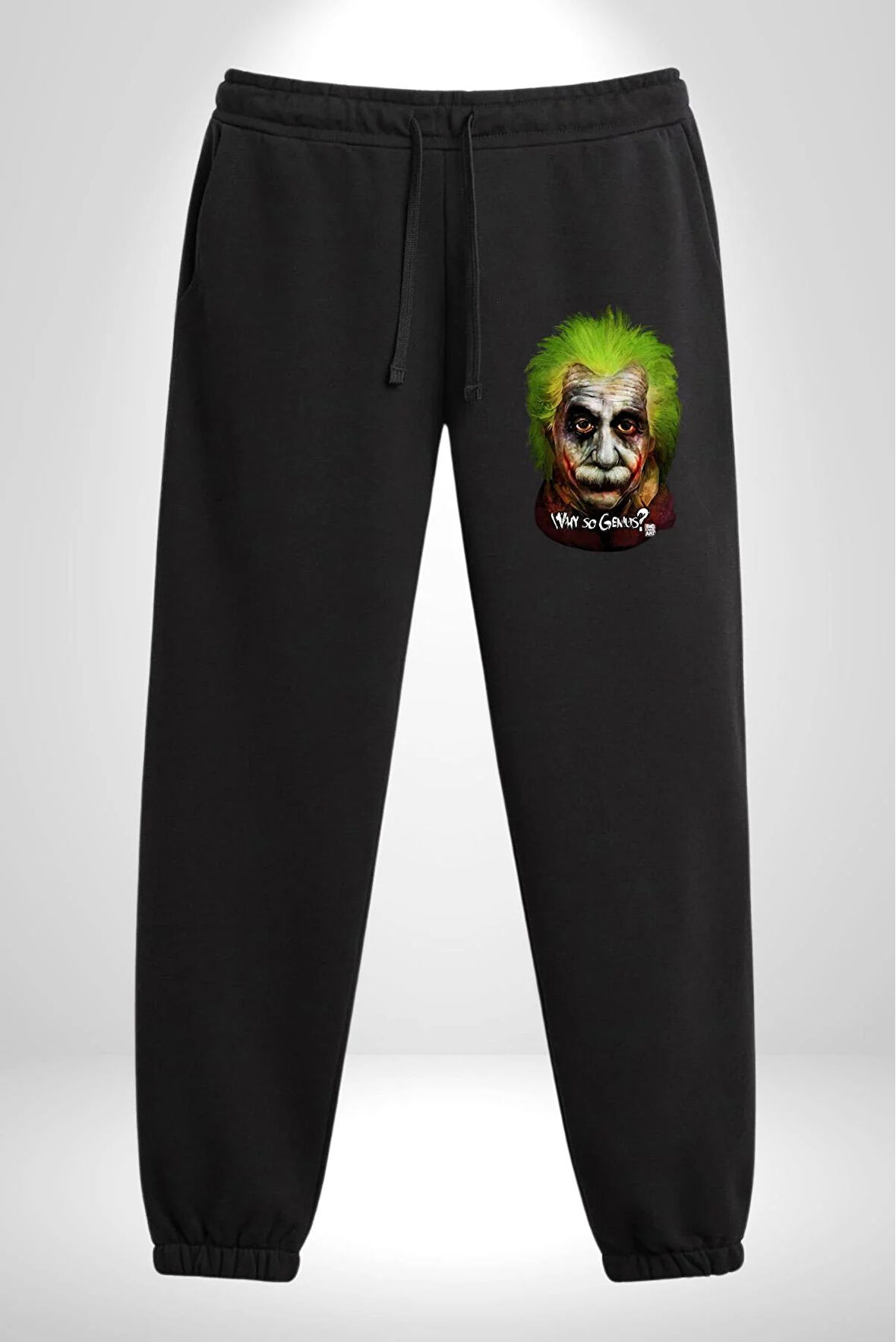 Albert Einstein Joker Why So Genius  3 İplik Erkek Baskılı Siyah Eşofman Altı
