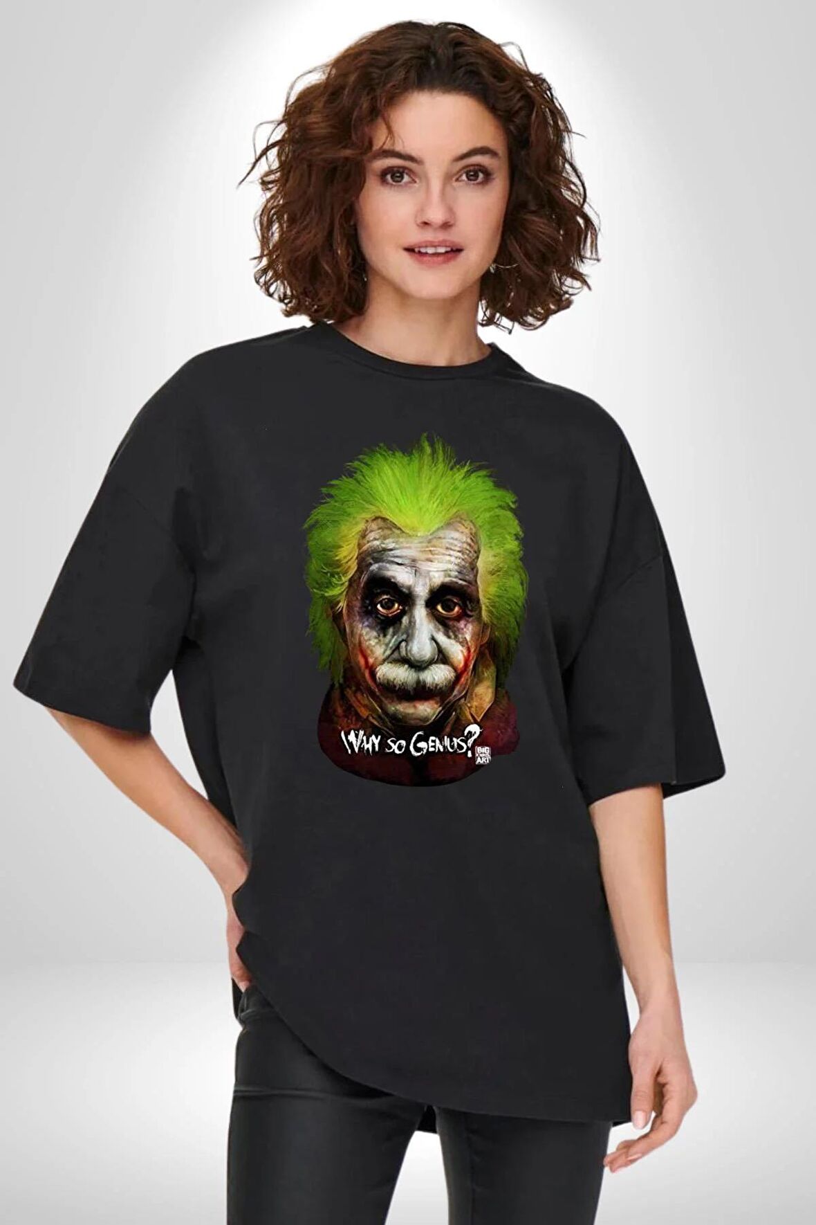Albert Einstein Joker Why So Genius  Pamuklu Bisiklet Yaka Kadın Erkek Oversize Boyfriend Dijital Baskılı Siyah T-shirt