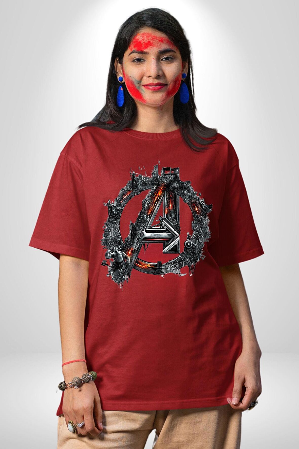 Avangera Motozenn Pamuklu Bisiklet Yaka Kadın Erkek Oversize Boyfriend Dijital Baskılı Kırmızı T-shirt