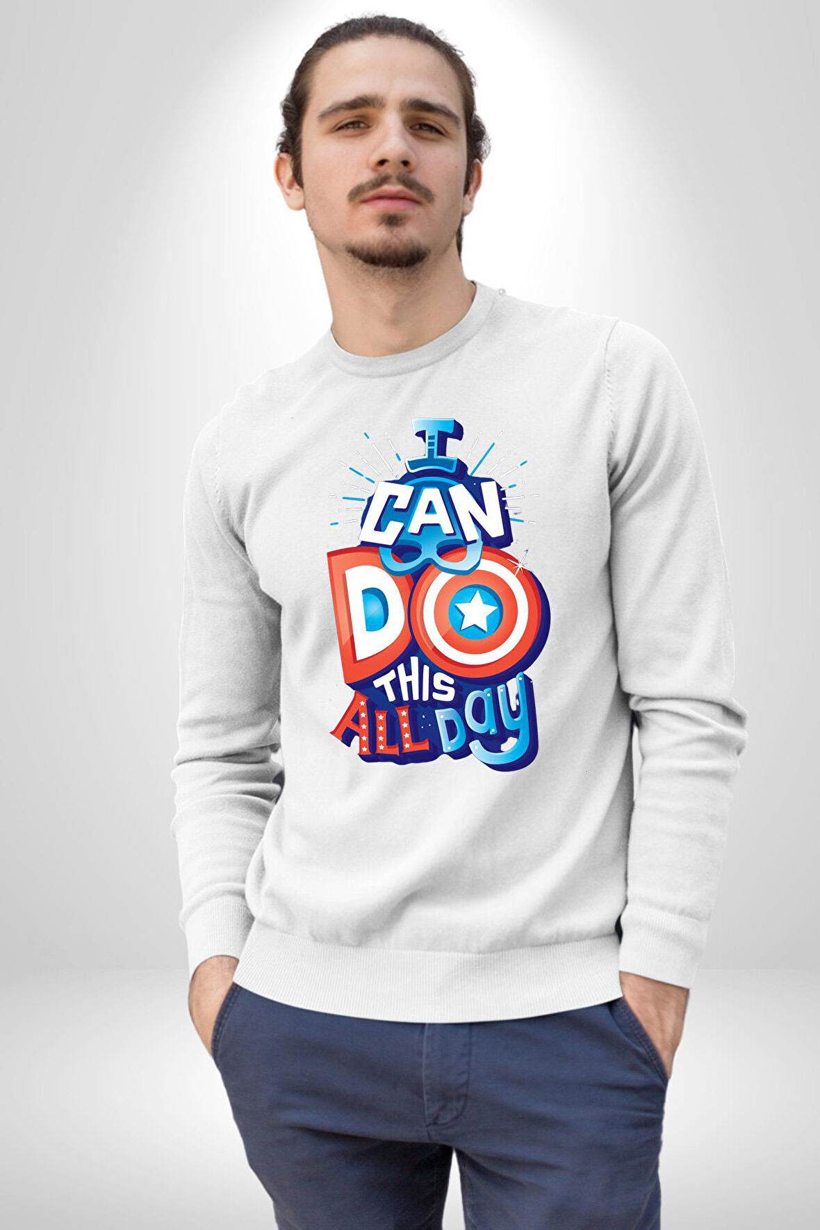 Bunu Bütün Gün Yapabilirim Kaptan America Kadın Erkek Beyaz Sweatshirt 