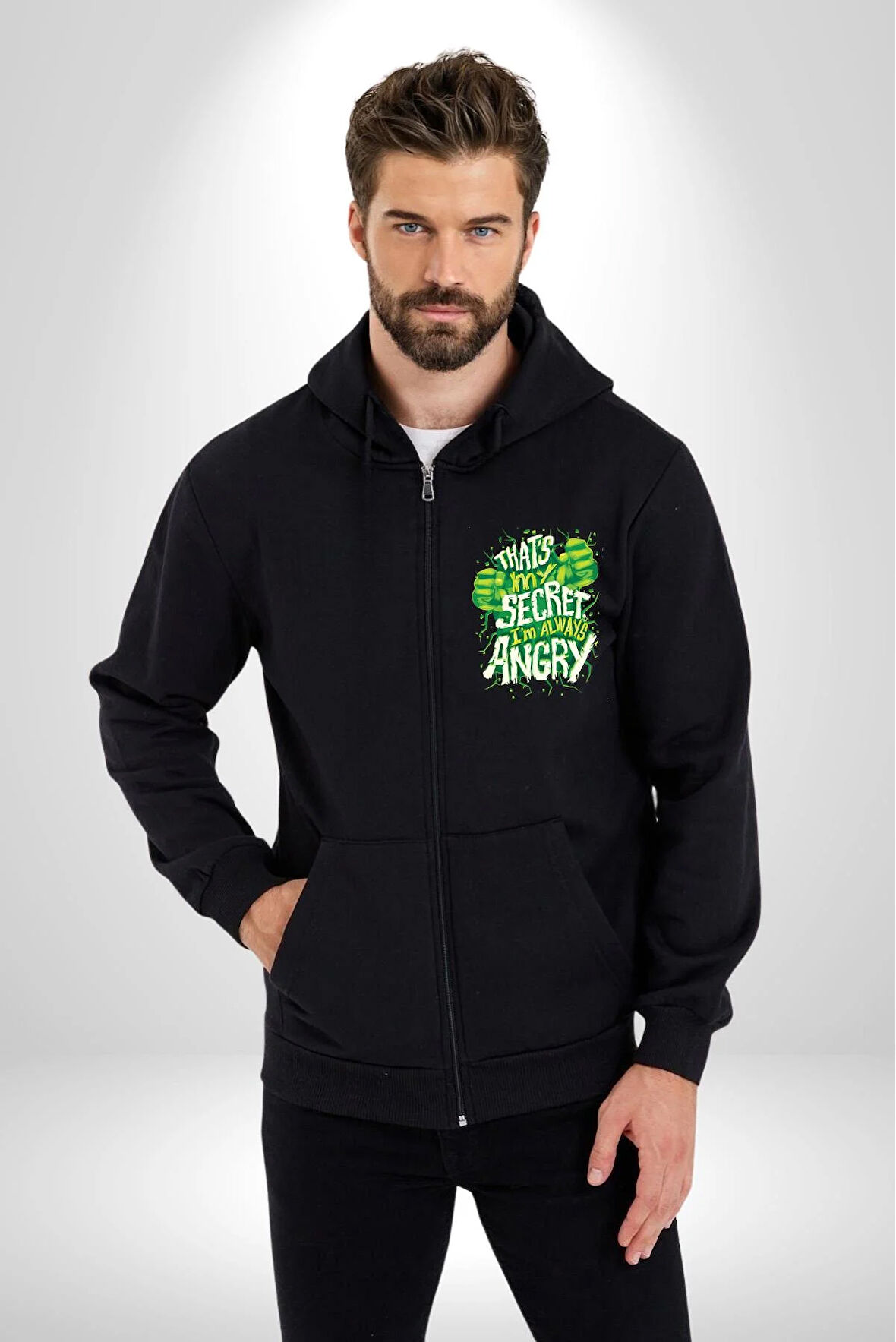Bu Benim Sırrım Her Zaman Kızgınım Kadın Erkek Siyah Kapüşonlu Fermuarlı Baskılı Hırka Sweatshirt