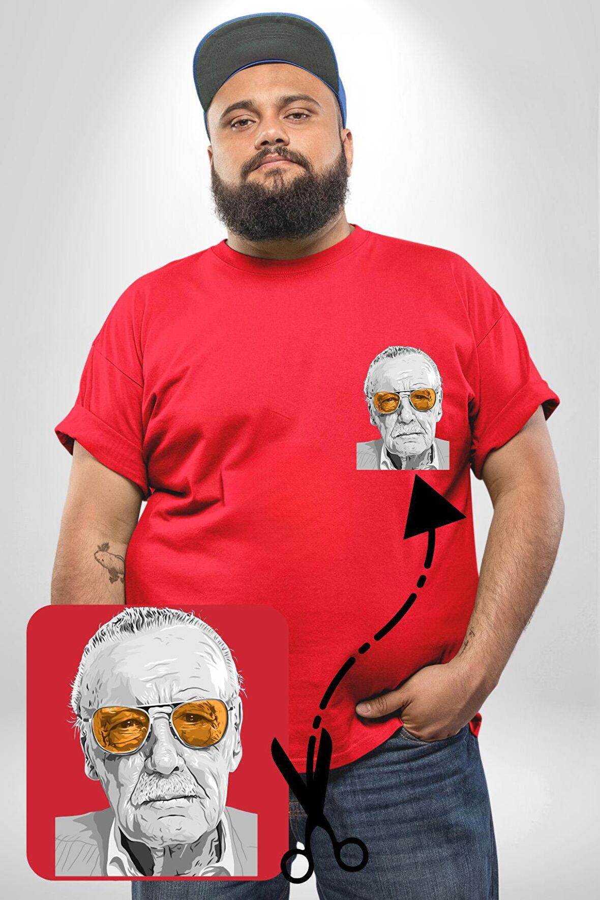 Stan Lee Kırmızı Büyük Beden Kadın Basic Minimal Baskılı Tişört