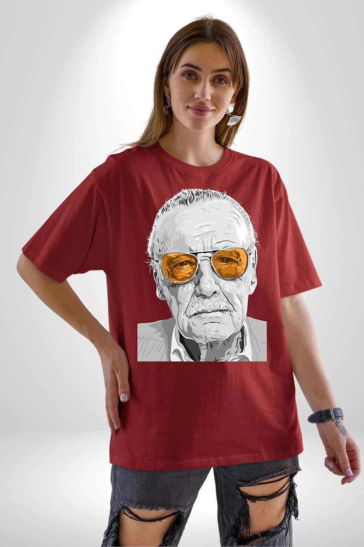 Stan Lee Pamuklu Bisiklet Yaka Kadın Erkek Oversize Boyfriend Dijital Baskılı Kırmızı T-shirt