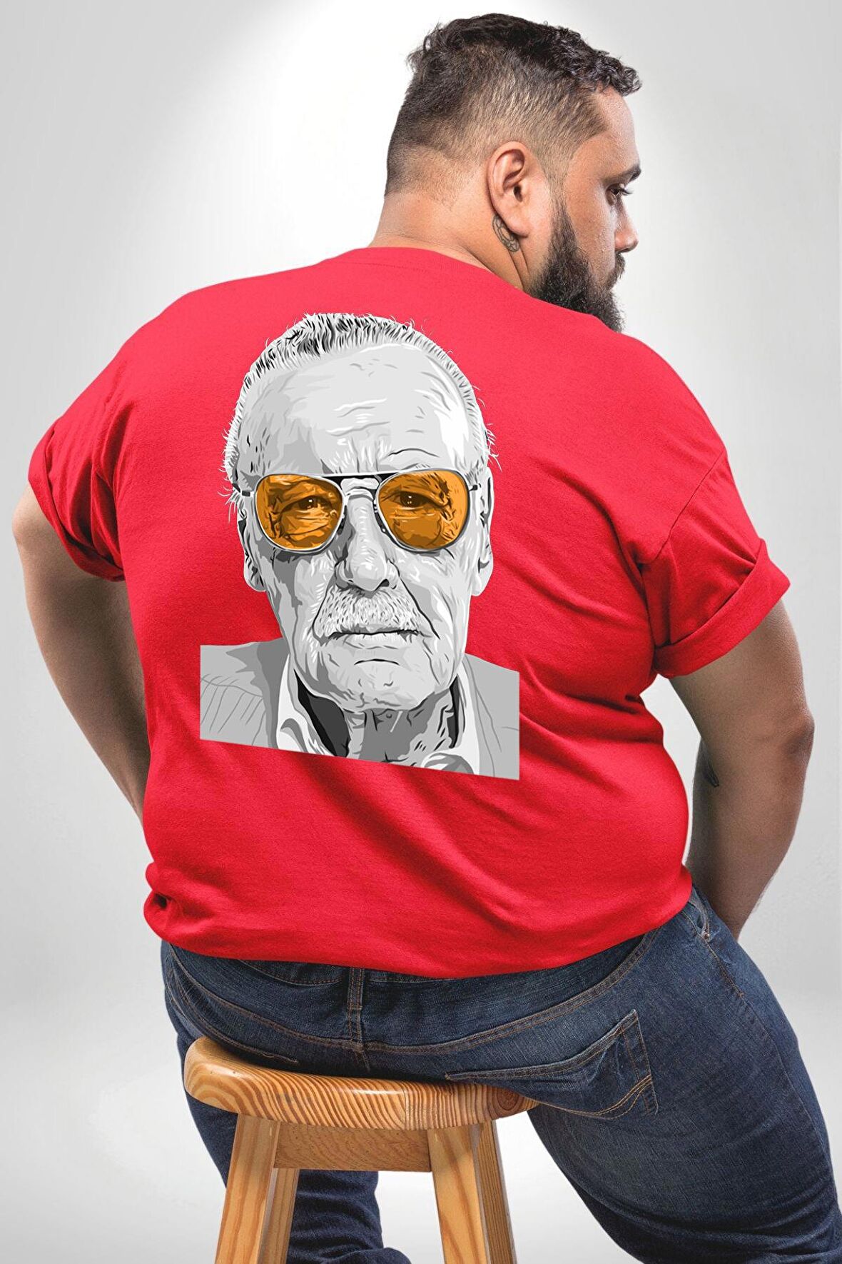 Stan Lee Büyük Beden Kırmızı Tişört Kadın Erkek Ünisex Sırt Baskılı