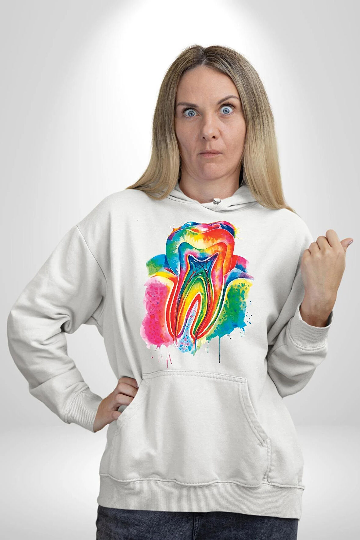 Diş Doktoru Diş Anatomisi Özel Tasarım Kadın Erkek  Beyaz Kapüşonlu Sweatshirt Hoodie